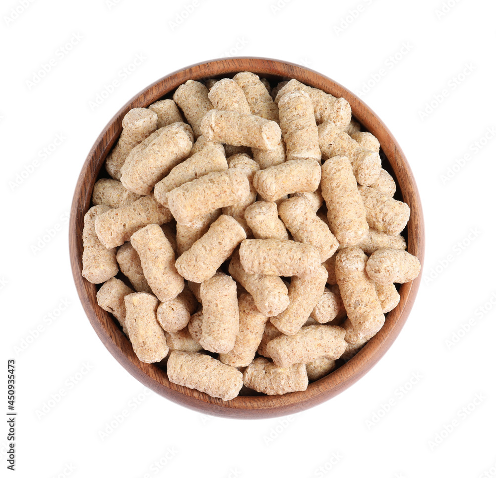 Granulated wheat bran in bowl on white background, top view Granulated wheat bran in bowl on white background, top view