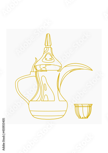 Editable Side View Traditional Arab Coffee in Finjan Demitasse Cup and Dallah Pot Vector Illustration in Outline Style for Cafe Design with Arabian Middle Eastern Culture Tradition and Islamic Moments