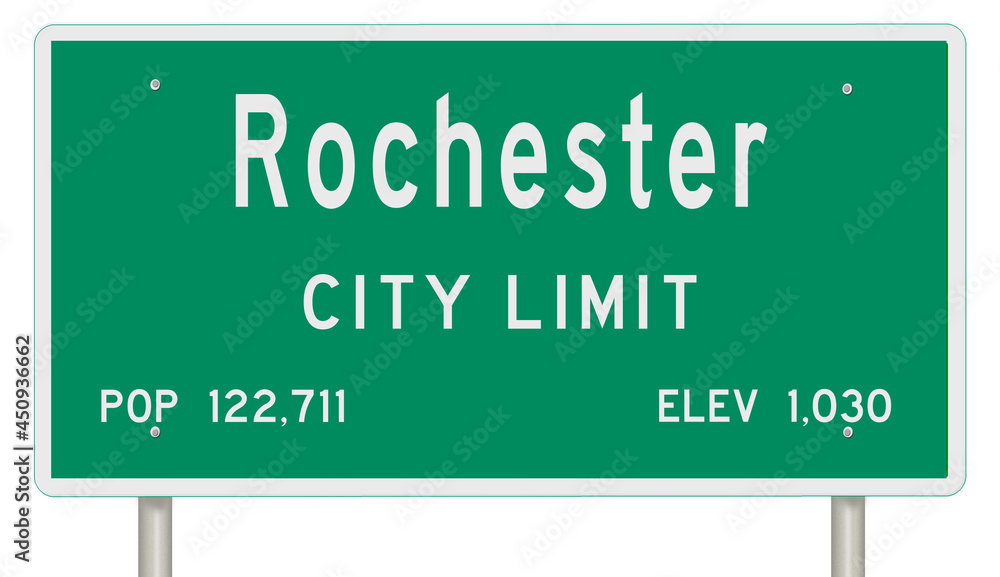 Rendering of a green Minnesota highway sign with city information