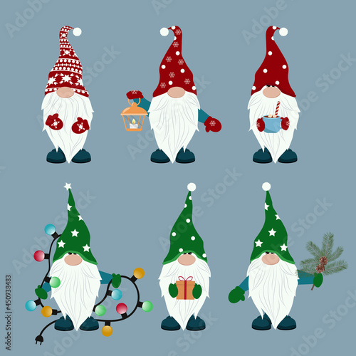 Set of cute Christmas gnomes on gray isolated background. Gnomes with a gift, a flashlight, a garland, a spruce branch