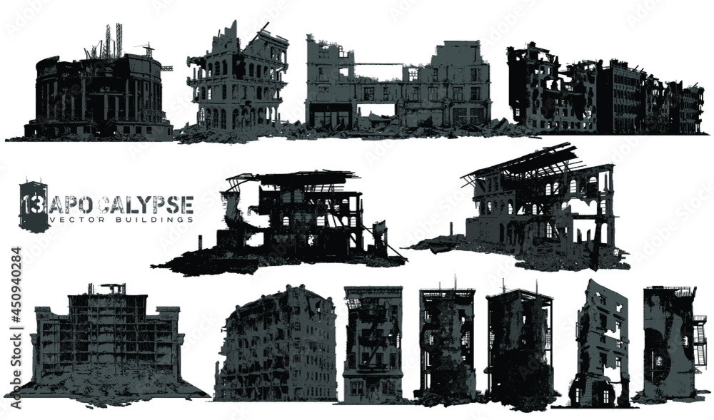 Apocalypse destroyed vector buildings illustration isolated