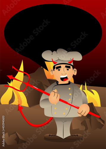 Fat male cartoon chef in uniform devil with pitchfork. Vector illustration.
