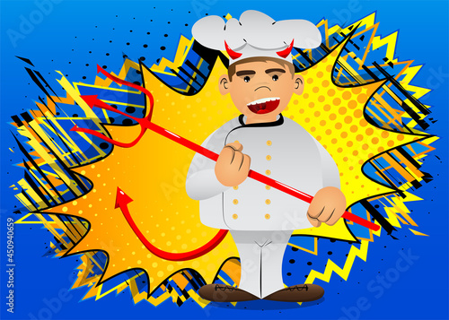 Fat male cartoon chef in uniform devil with pitchfork. Vector illustration.