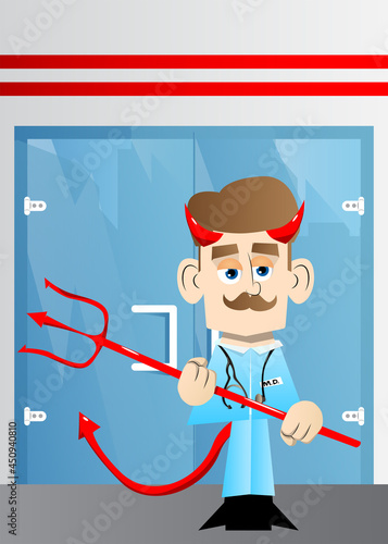 Funny cartoon doctor devil with pitchfork. Vector illustration.