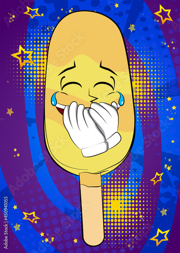 Ice Cream with hands over mouth. Summer refreshment, sweet food as a cartoon character with face.