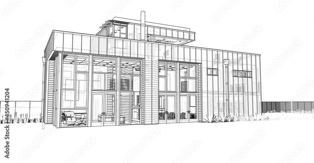 Modern house with garden and garage. 3d rendering.