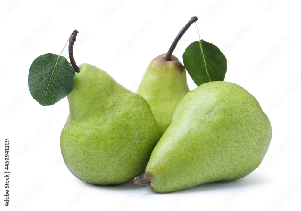 Fresh ripe pears with green leaves on white background Fresh ripe pears with green leaves on white background
