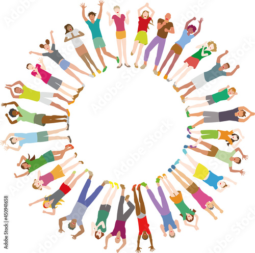歓喜する輪になった若者たち。平和、未来、協調のイメージのベクターイラスト