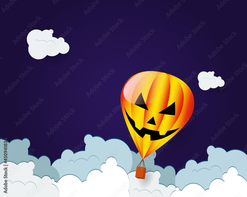 hot air balloon halloween horror face flying over cloud