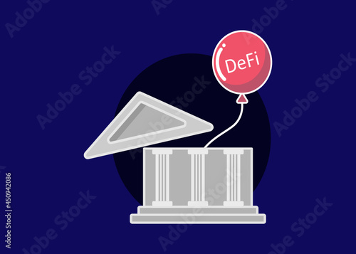 illustration of Cryptocurrency Decentralized(DeFi) destroy traditional bank system. DeFi balloon floating out from roof of a bank building. Vector.