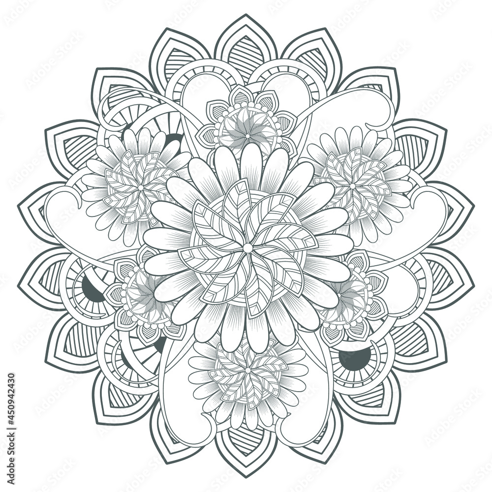 Printable Doodle flowers in monochrome for coloring page, cover, wedding invitation, greeting card, wall art isolated on white background. Hand drawn sketch for adult anti stress coloring page.