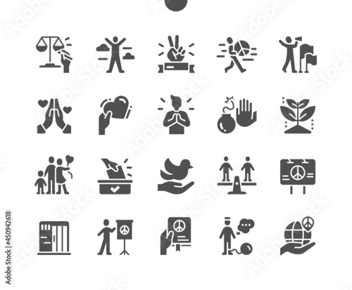 Peace and Human rights. Equality, hope, love, peace, dove. No weapons. Vector Solid Icons. Simple Pictogram
