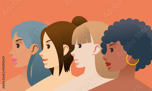 womens day poster illustration, head shot illustration of young women with different skin dan hair color
