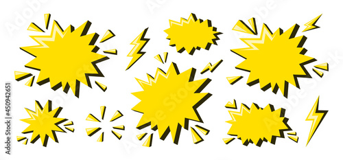 Comic star speech bubbles. Yellow comic style frames set. Vector illustration isolated in white background