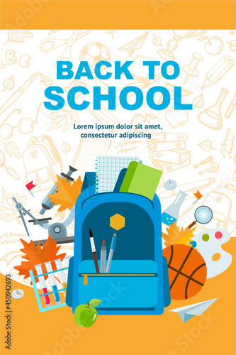 Back to school banner, poster card design with school backpack and supplies. Vector illustration.