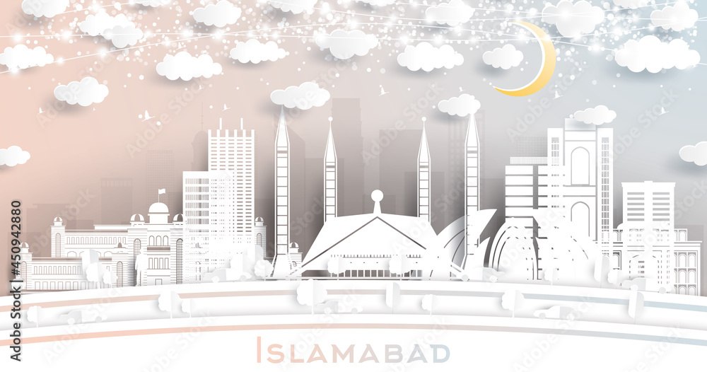 Islamabad Pakistan City Skyline in Paper Cut Style with White Buildings, Moon and Neon Garland.