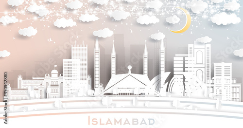 Islamabad Pakistan City Skyline in Paper Cut Style with White Buildings, Moon and Neon Garland.