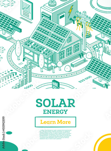 Solar Energy Panels on the Roof of House. Renewable Green Energy Isometric Concept Isolated on White Background.