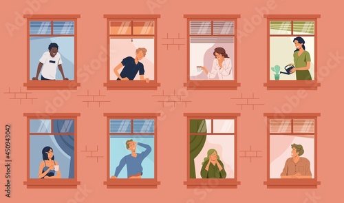 People quarantine at home. Peoples in apartment windows greet and smile to the neighbors in flat style vector illustration