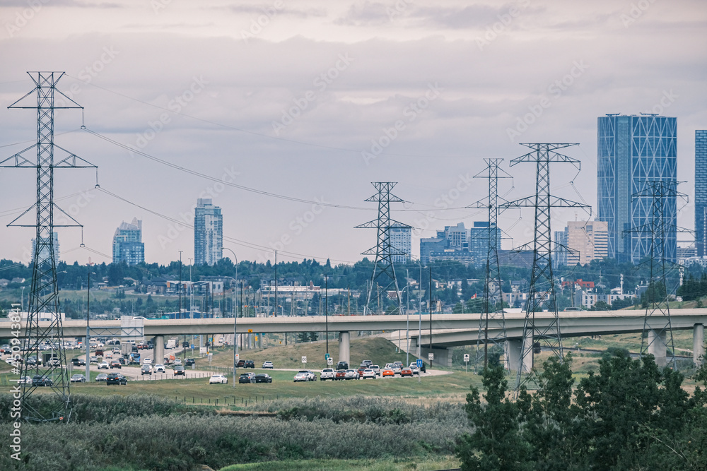 Traffic on Deerfoot trail with downtown Calgary on a cloudy day. Traffic on Deerfoot trail with downtown Calgary on a cloudy day.