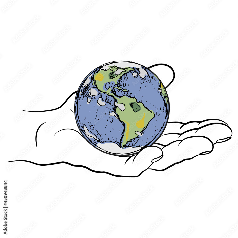 Naklejka Human hand holding planet Earth in open palm. Creative environmental concept. Isolated vector illustration.