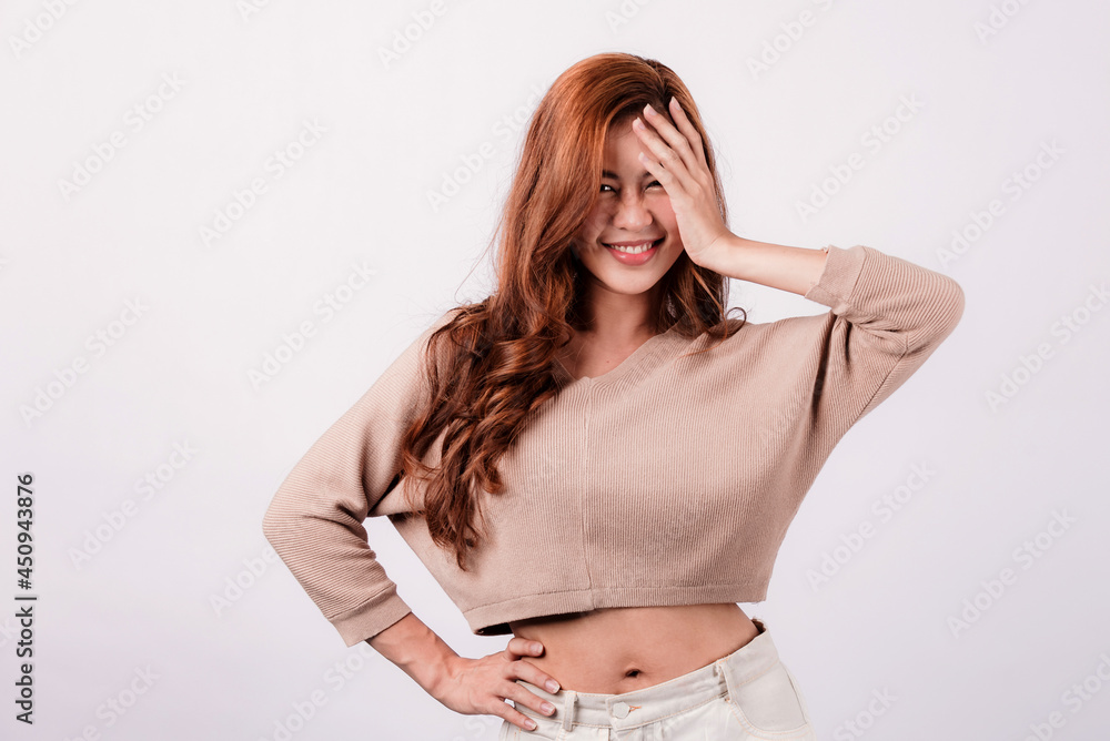 Close-up photo of an amazing long and sexy woman with long hair. Cute Asian woman smiling bright facial expression isolated on white background. Close-up photo of an amazing long and sexy woman with long hair. Cute Asian woman smiling bright facial expression isolated on white background.
