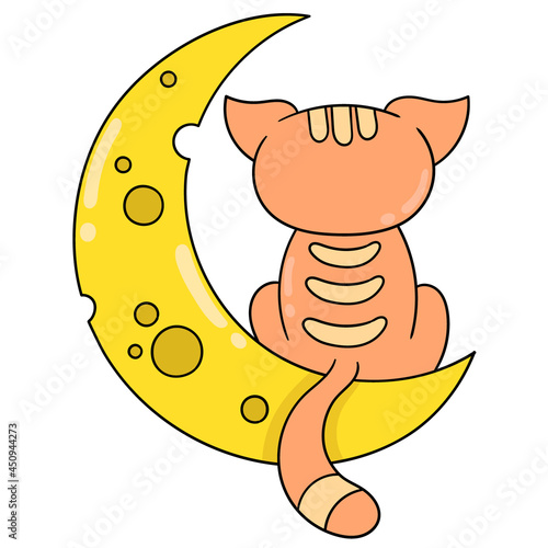crescent moon night with cat brooding, doodle icon image kawaii