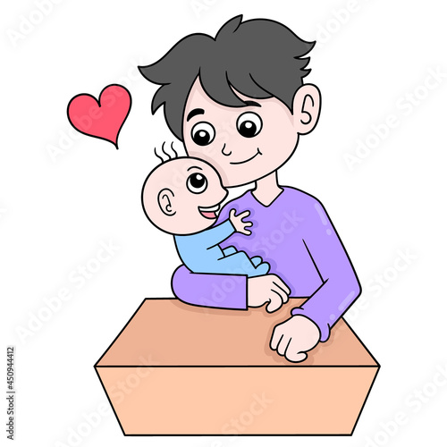happy father is playing with his baby boy, doodle icon image kawaii