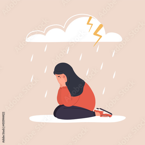 Sad arab woman sitting under rainy cloud. Depressed teenager in hijab crying. Mood disorder concept. Unhappy girl needs psychological help. Vector illustration in cartoon style.