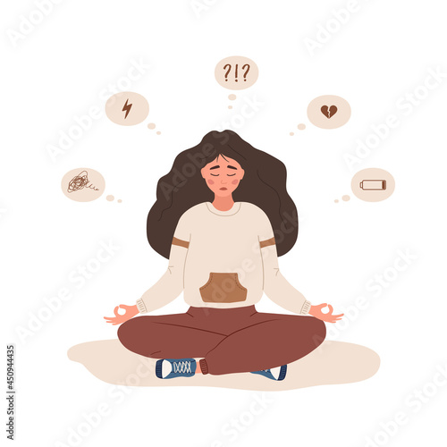 Mood disorder. Sad woman sitting in lotus position. Mental health. Symptoms of schizophrenia or psychological diseases. Unhappy girl needs psychological help. Vector illustration in cartoon style.