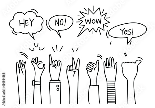 hand drawn of hands clapping with comic speech bubble. applause, thumbs up gesture on doodle style , vector illustration