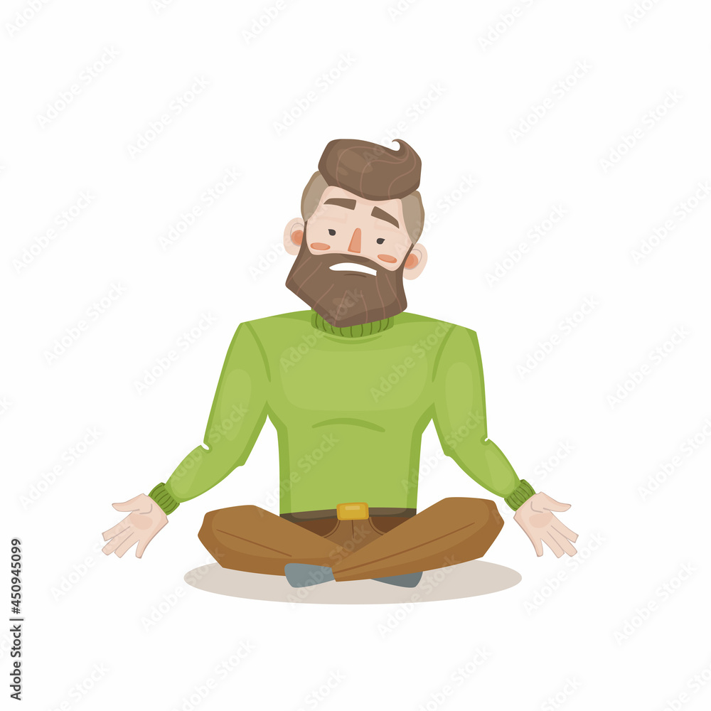 Confused man character with beard in lotus position in green sweater. The emotion of surprise, ignorance, amazement, bewilderment. vector illustration of man in simple flat cartoon style.