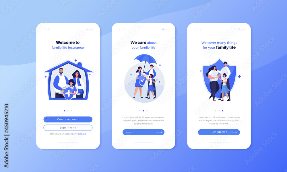 Family life insurance app illustration on ui screen concept Family life insurance app illustration on ui screen concept