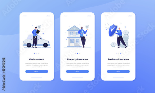 Mobile ui kit screen with car insurance, property insurance and business insurance concept © Ilusiku studio