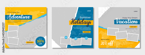Travel business promotion web banner template design for social media. Travelling, tourism or summer holiday tour online marketing flyer, post or poster with abstract graphic background and logo.  photo