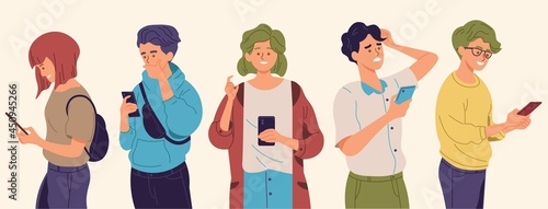 People using smartphones with different poses and expressions. Man and women holding a phone to texting, read online news, chatting, play games, social media, usability. Flat style vector illustration