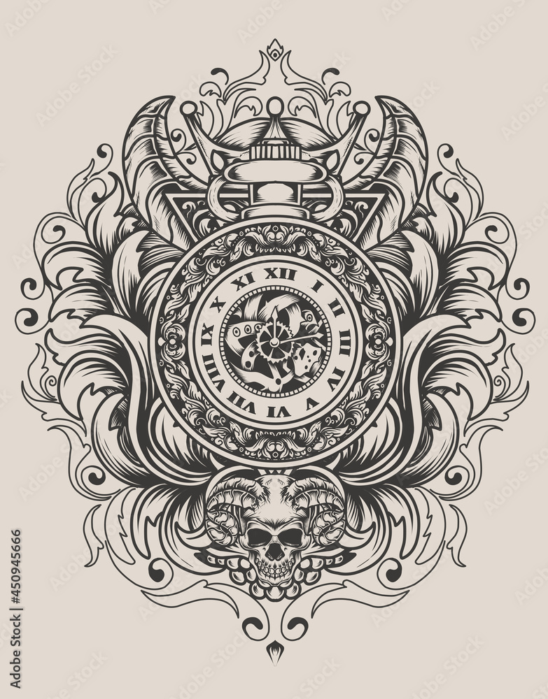 illustration antique clock with engraving ornament illustration antique clock with engraving ornament