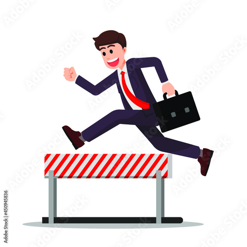 excited businessman doing hurdling while holding a briefcase