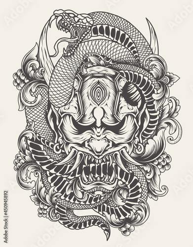 illustration oni mask with snake monochrome style