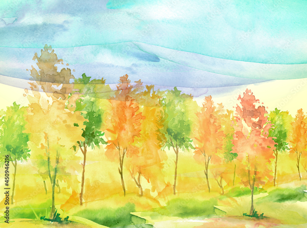 Fototapeta premium Watercolor autumn trees of yellow, red, orange color. Autumn forest,hill, blue sky. Watercolor art background.Beautiful splash of paint. Abstract creative background.