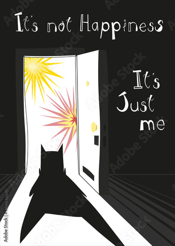 Merry Christmas and Happy New Year card. Black cat sitting in the doorway with fireworks. With existential sarcastic signature.  Vector illustration. Suitable for congratulation on the year 2022.