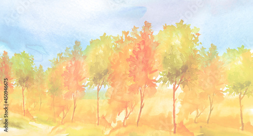 Fototapeta Naklejka Na Ścianę i Meble -  Watercolor autumn trees of yellow, red, orange color. Autumn forest,hill, blue sky. Watercolor art background.Beautiful splash of paint. Abstract creative background.