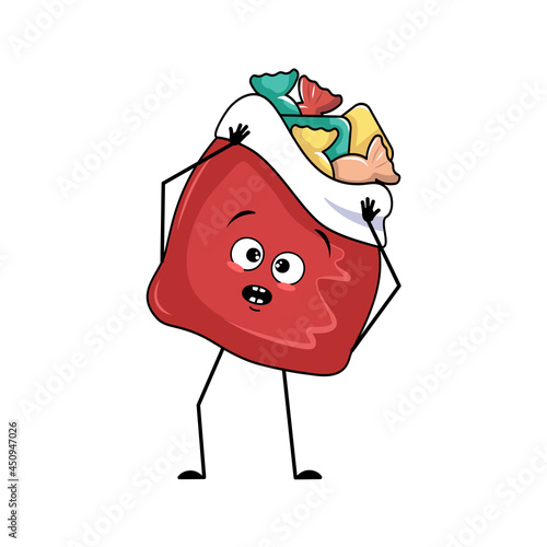 Cute red bag character with New Year gifts with emotions in a panic grabs his head, surprised face, shocked eyes, arms and legs. Merry Christmas item, joyful sweet food, box with scared expression