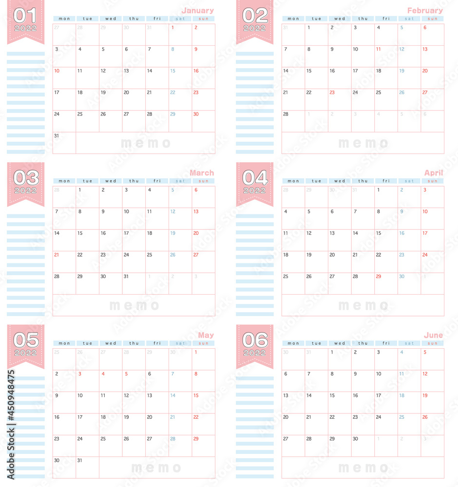 マンスリーページ 月間予定表 21年1 6月 ガーリーデザイン Stock Vector Adobe Stock