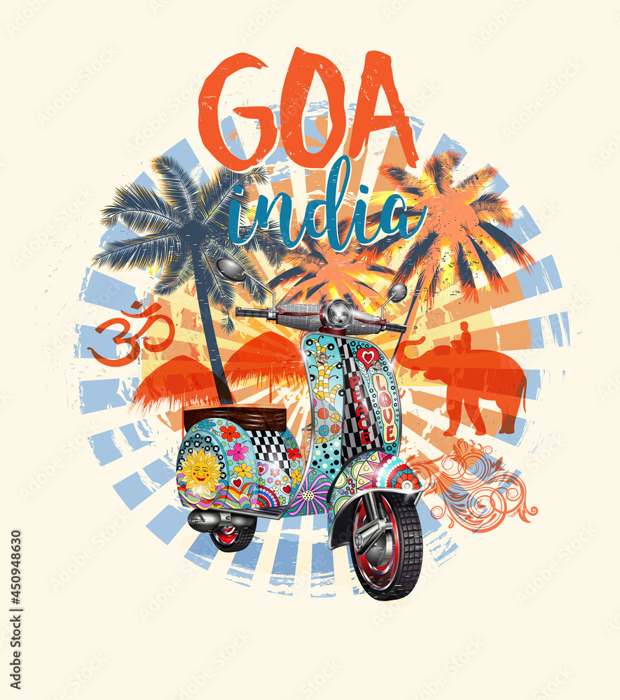 GOA,India typography for t-shirt print with beach,palm,elephant and retro scooter.Vintage poster. - obrazy, fototapety, plakaty 