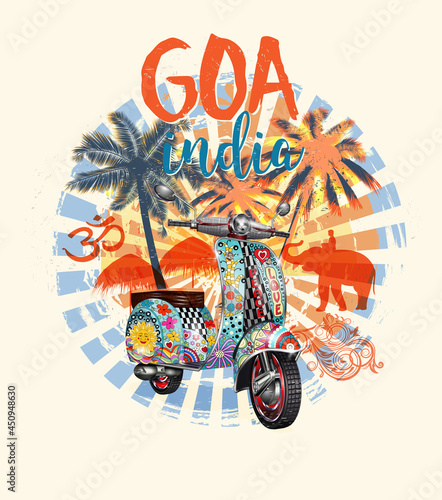 GOA,India typography for t-shirt print with beach,palm,elephant and retro scooter.Vintage poster.