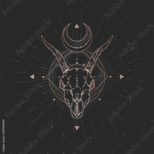 Vector illustration with hand drawn Goat skull and Sacred geometric symbol on black vintage background. Abstract mystic sign. Gold linear shape. 