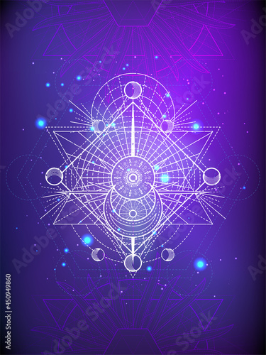 Vector illustration of Sacred geometry symbol on abstract background. Mystic sign drawn in lines. Image in purple color. 