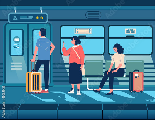 Passenger waiting for the train arrive in the Station waiting room flat vector illustration