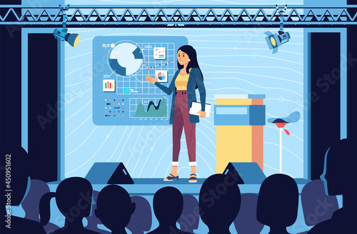 young professinal women giving presentation on the stage in front of people, explain the info graphic on the screen
